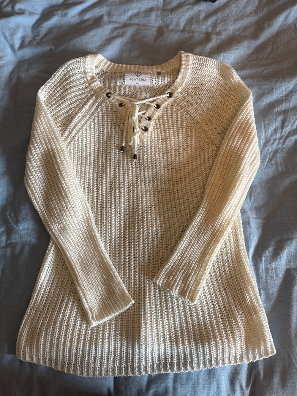 Point Zero Lace-Up Cream Knit Pullover Sweater